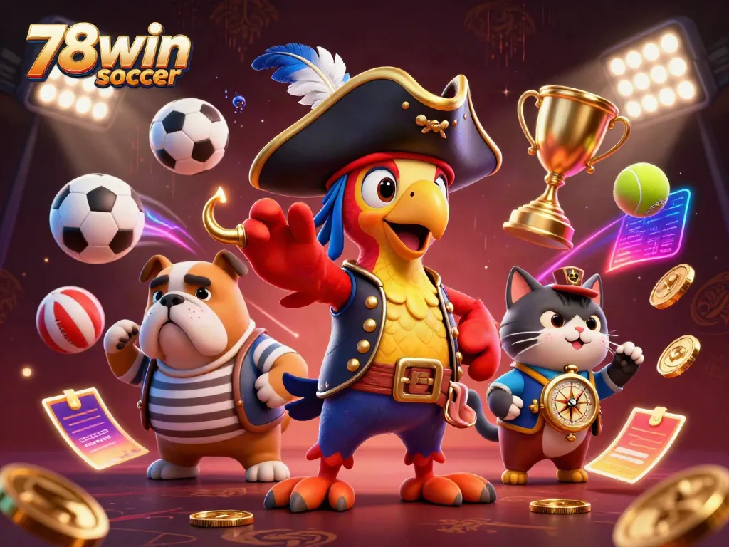 Engage with thrilling gameplay at 78win soccer featuring a pirate captain and friends in a vibrant casino scene.