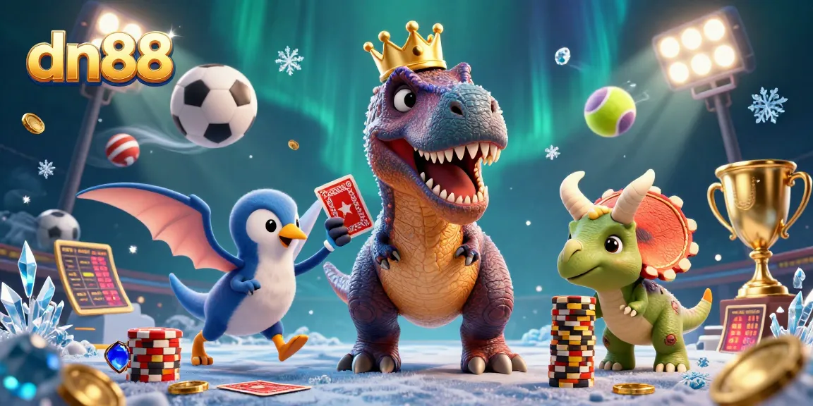 Join the fun at dn88 with a T-Rex playing cards, sports elements, and a baby triceratops stacking chips.