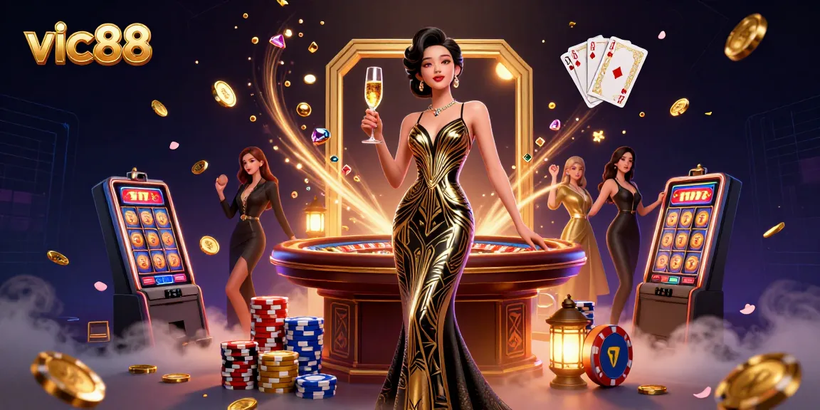 Win big with vic88 in this vibrant 3D illustration featuring elegant casino elements.