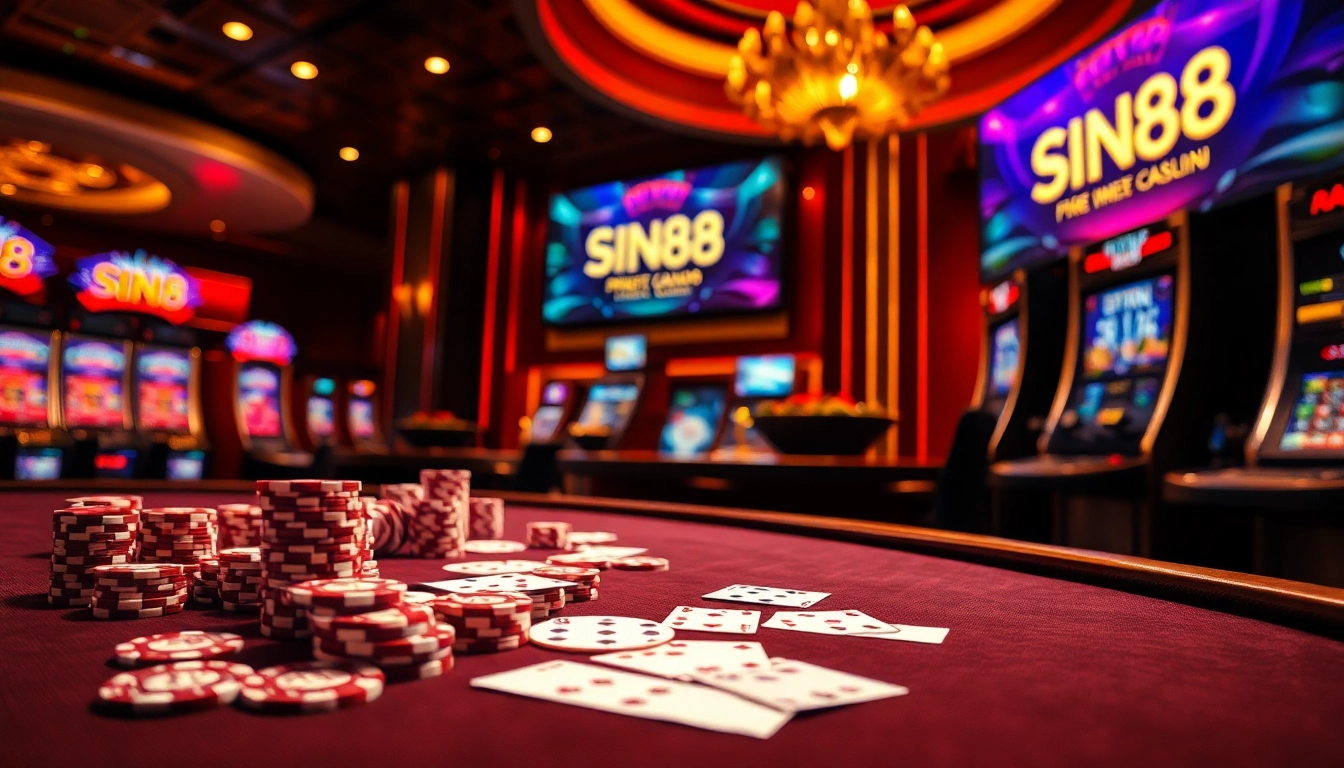 Experience the thrill of gambling at SIN88 with vibrant casino visuals featuring poker chips and slot machines.