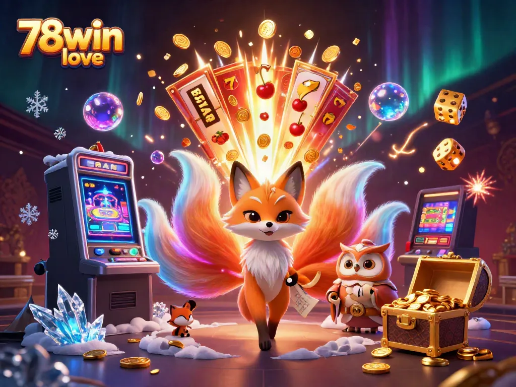 Engage with the vibrant world of 78win love featuring a glowing nine-tailed fox and an owl amidst a jackpot explosion.