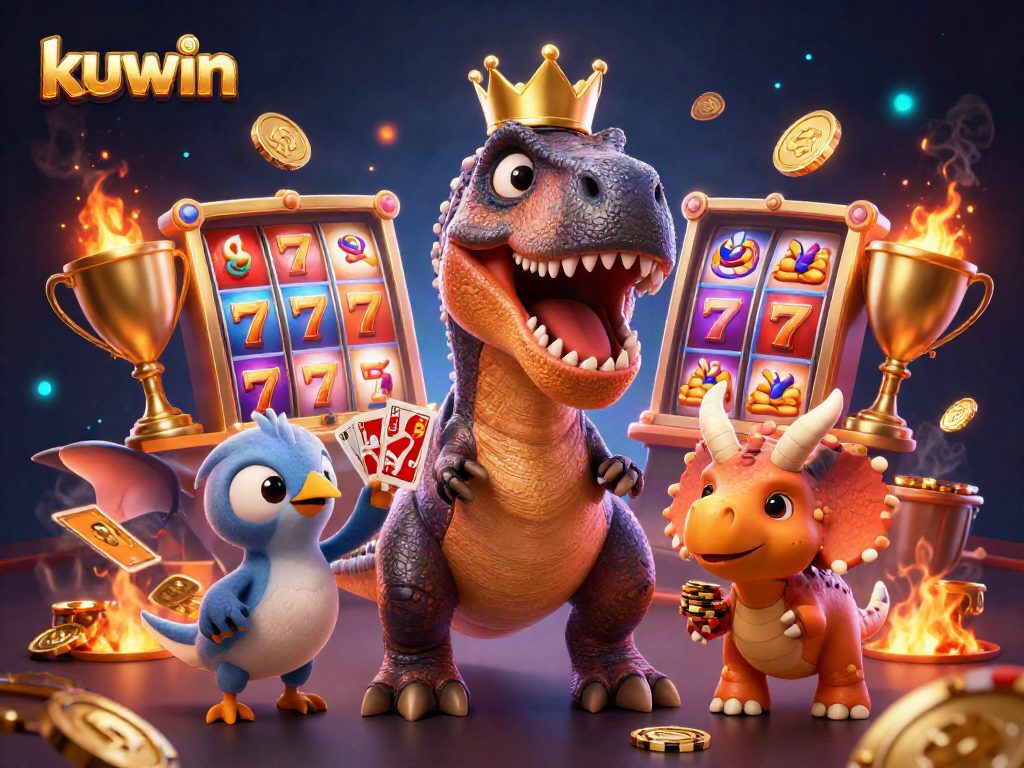 Kuwin showcases a playful scene with characters like T-Rex and friends engaging in slot games while gaming elements dynamically surround them.