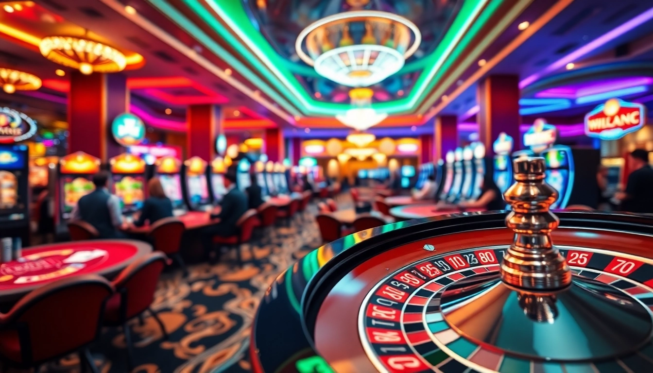Exciting players at cm88.mobi gambling with poker chips and roulette at a vibrant casino.