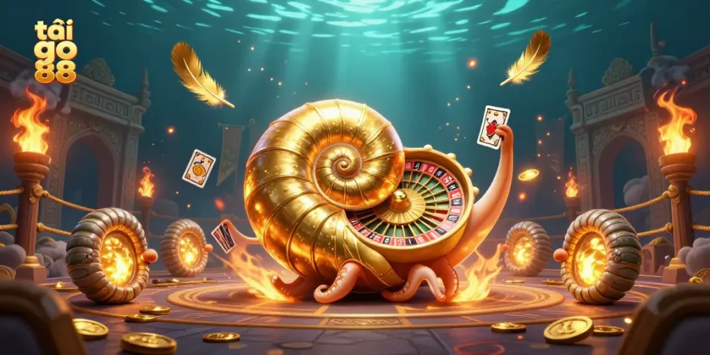 Engage in gaming action with tải go 88, featuring an ancient nautilus roulette, cards, and golden elements.