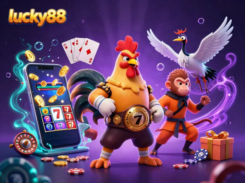 Engage with lucky88's exciting casino world featuring a vibrant 3D scene of characters and slot games.