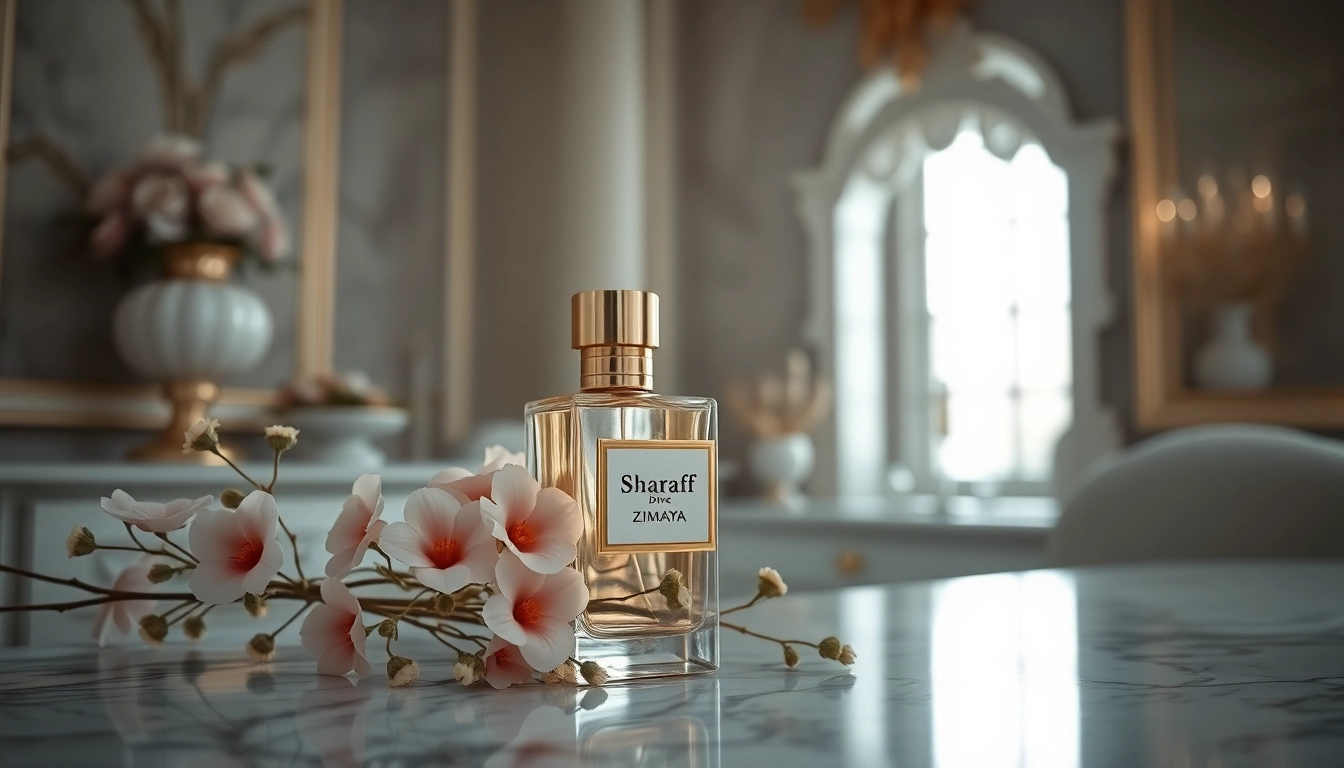 Presenting Sharaf Divine by Zimaya elegantly showcased on a marble surface with floral accents.