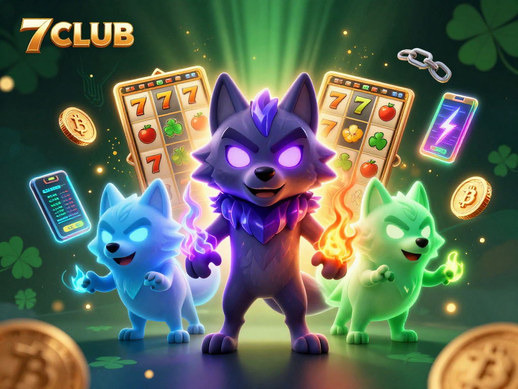 Experience thrilling gaming at 7CLUB with ghostly wolves, Bitcoin, and vibrant casino elements.