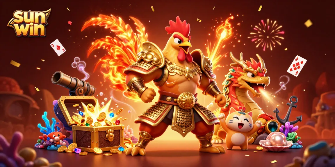 Spin to win with sun win, featuring a rooster warrior and dragon amidst vibrant casino elements and confetti.