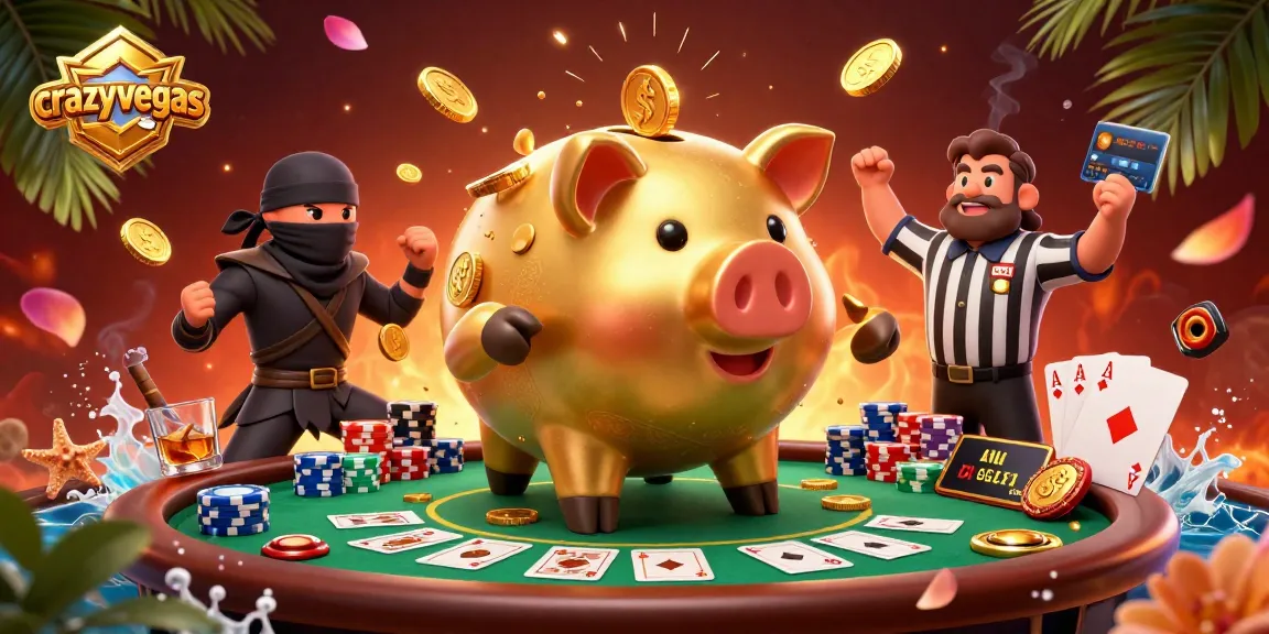 Experience thrilling wins at crazyvegas with a golden piggy bank sumo wrestler surrounded by dynamic poker action.
