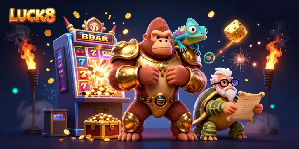 Play thrilling casino games at LUCK8 with exciting jackpots and vibrant illustration.