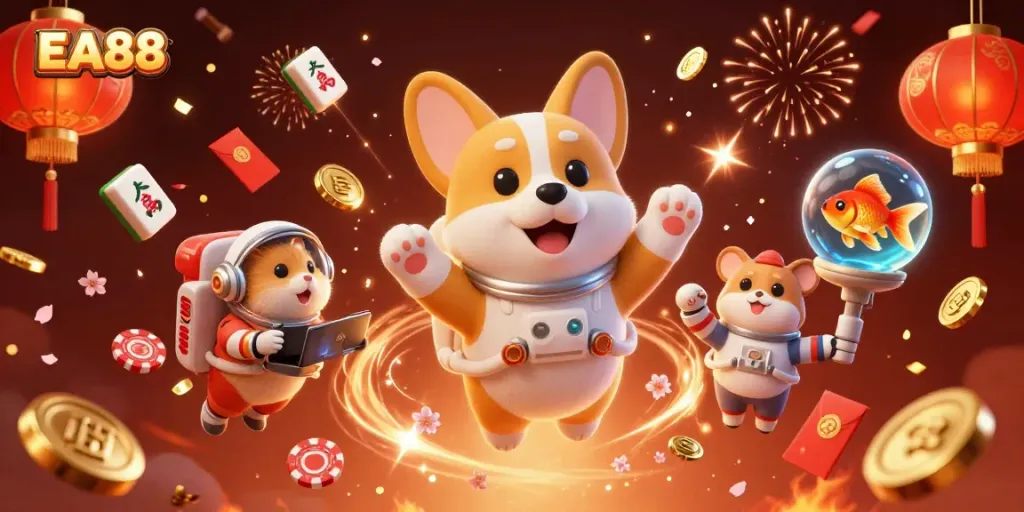 Experience exhilarating gaming at EA88 with a floating corgi astronaut in an animated casino scene.