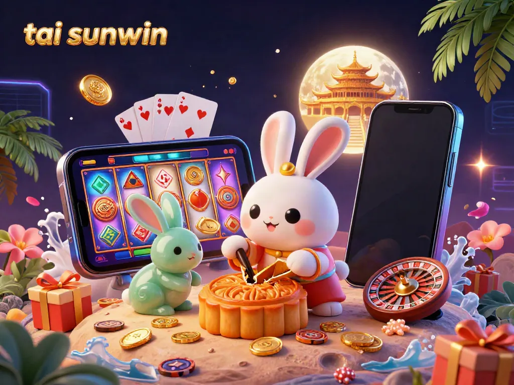 Play games and discover winnings on tai sunwin's vivid lunar-themed illustration full of dynamic casino elements.