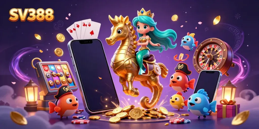 SV388 engages players with vibrant multiplayer gaming amidst colorful characters and dynamic casino elements.