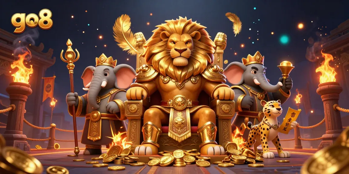 Play exciting games at go8 with a royal lion king and treasures in a dynamic 3D casino scene.