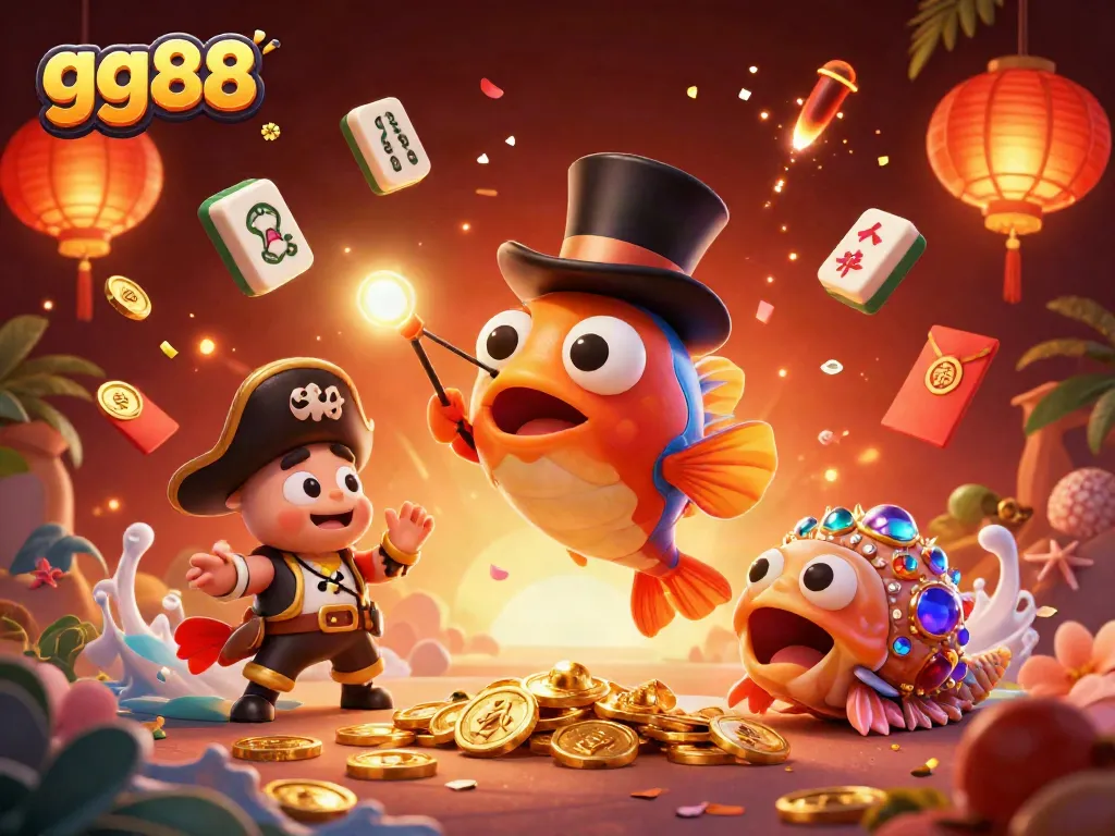 Explore exciting gameplay at gg88 with a vibrant scene of cartoon characters capturing golden coins.