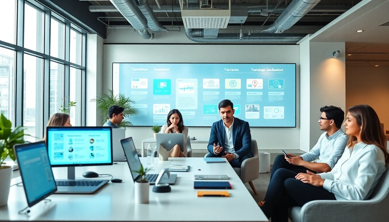 Modern office showcasing professionals using 有道 translation tools in a collaborative learning environment.