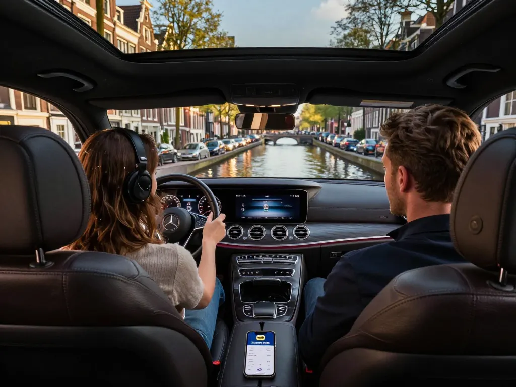 Comfortabele taxirit in Amsterdam met Mokum Taxi, die de luxe Mercedes-ervaring toont.