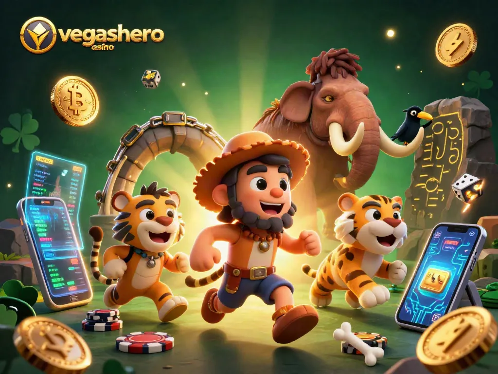 Experience the excitement of vegashero casino with a vibrant scene featuring dynamic caveman characters managing a prehistoric gambling hub.