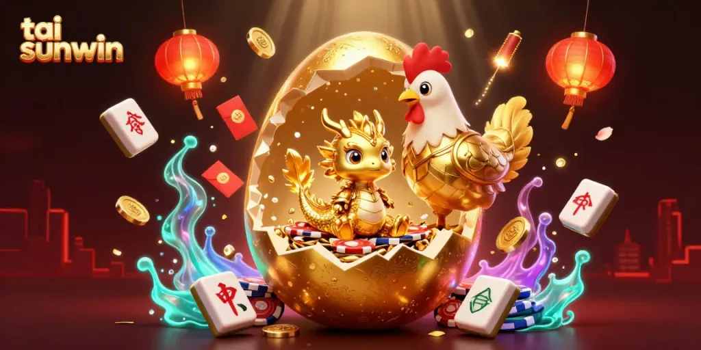 Experience tai sunwin with a dazzling 3D scene featuring a golden dragon and poker chips, perfect for gamblers.