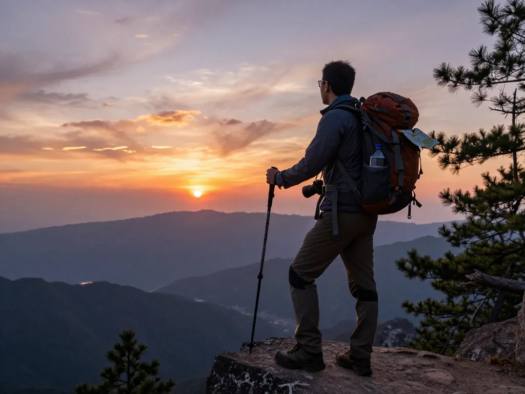 Traveler at a scenic viewpoint during sunset highlighting Fly88 adventure gear and exploration spirit.