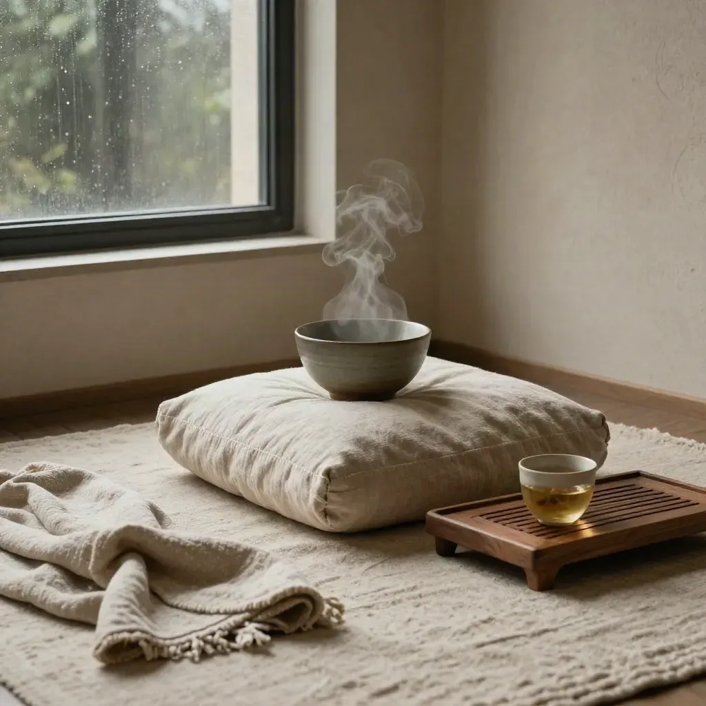 Meditatiehoek met linnen bolster, warme thee en stoom bij een regenachtig raam.