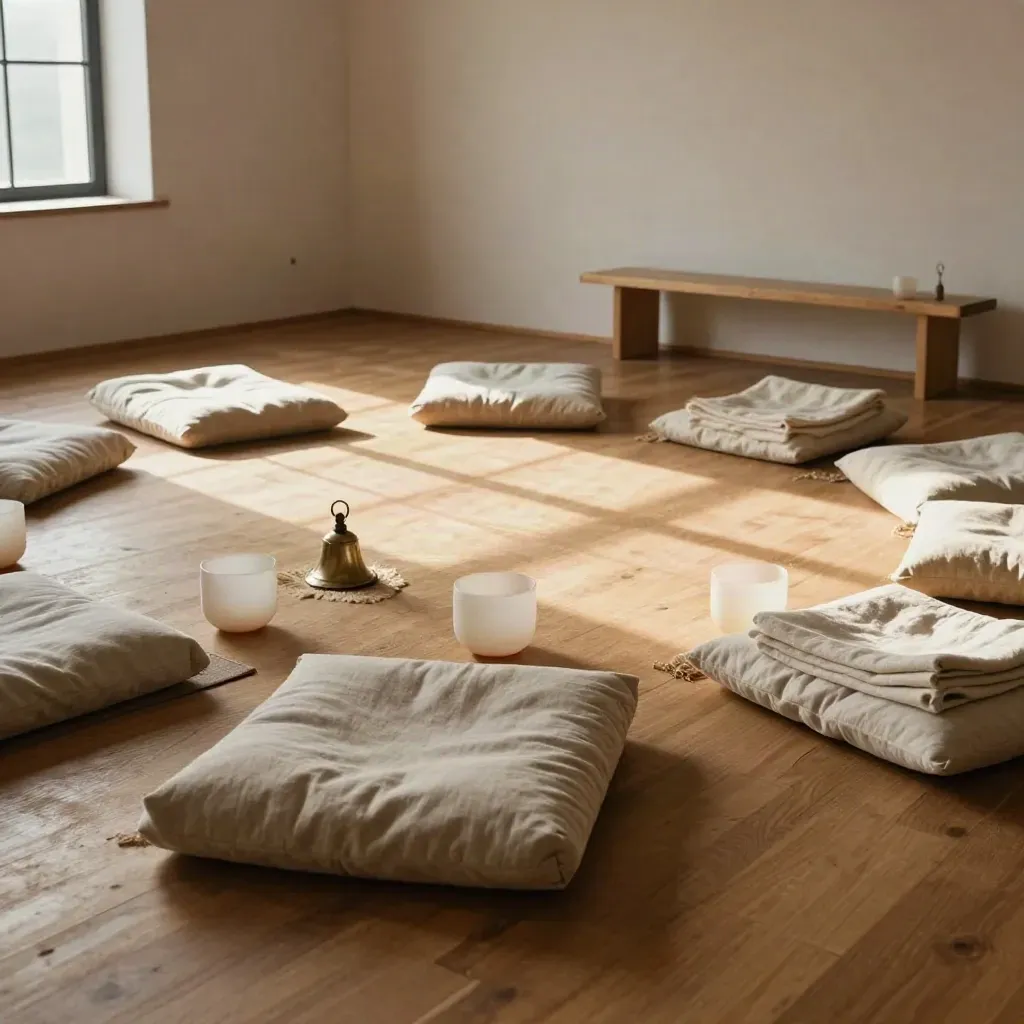 Lege mindfulness-workshopruimte met zitkussens, kopjes en een messing bel in zacht zonlicht.
