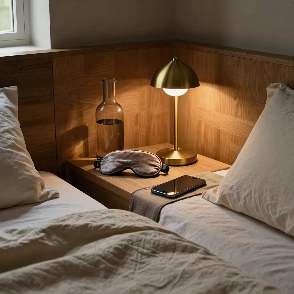Bedside met karaf, slaapmasker, lamp en telefoon naast het bed in zachte avondrust.