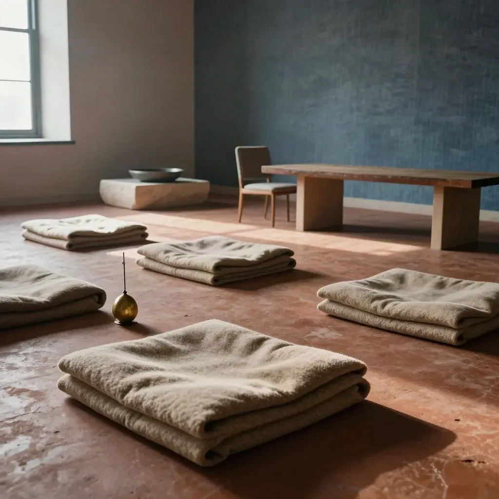 Rustige vergaderruimte met meditatiekussens, dekens, klankschaal en water in zacht ochtendlicht.