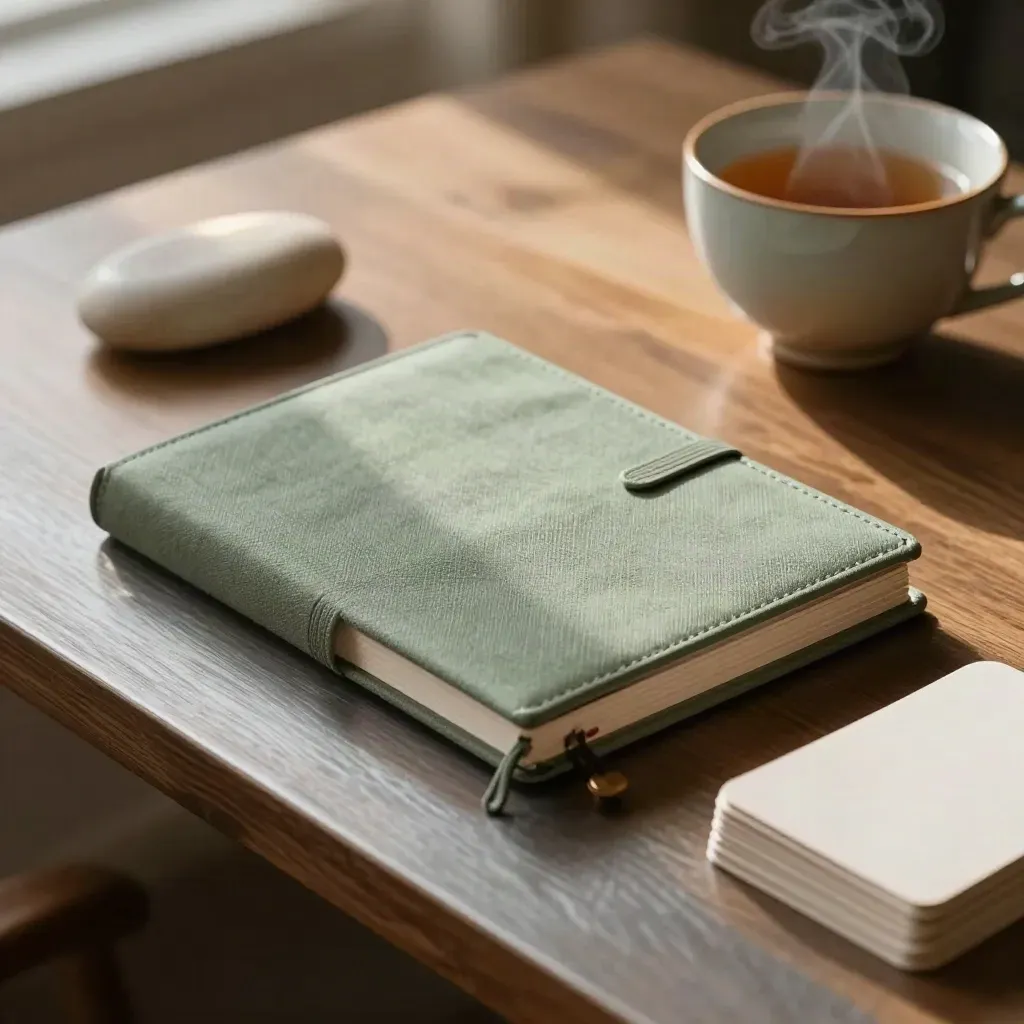 Een gesloten weekplanner, theekop en kaarten op een houten bureau in zacht avondlicht.