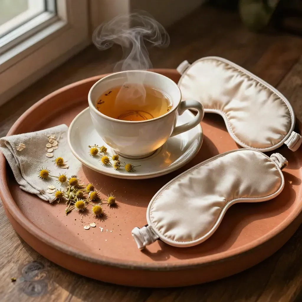 Kamille-thee, slaapmasker en linnen servet op een terracotta tray, klaar voor de nacht.
