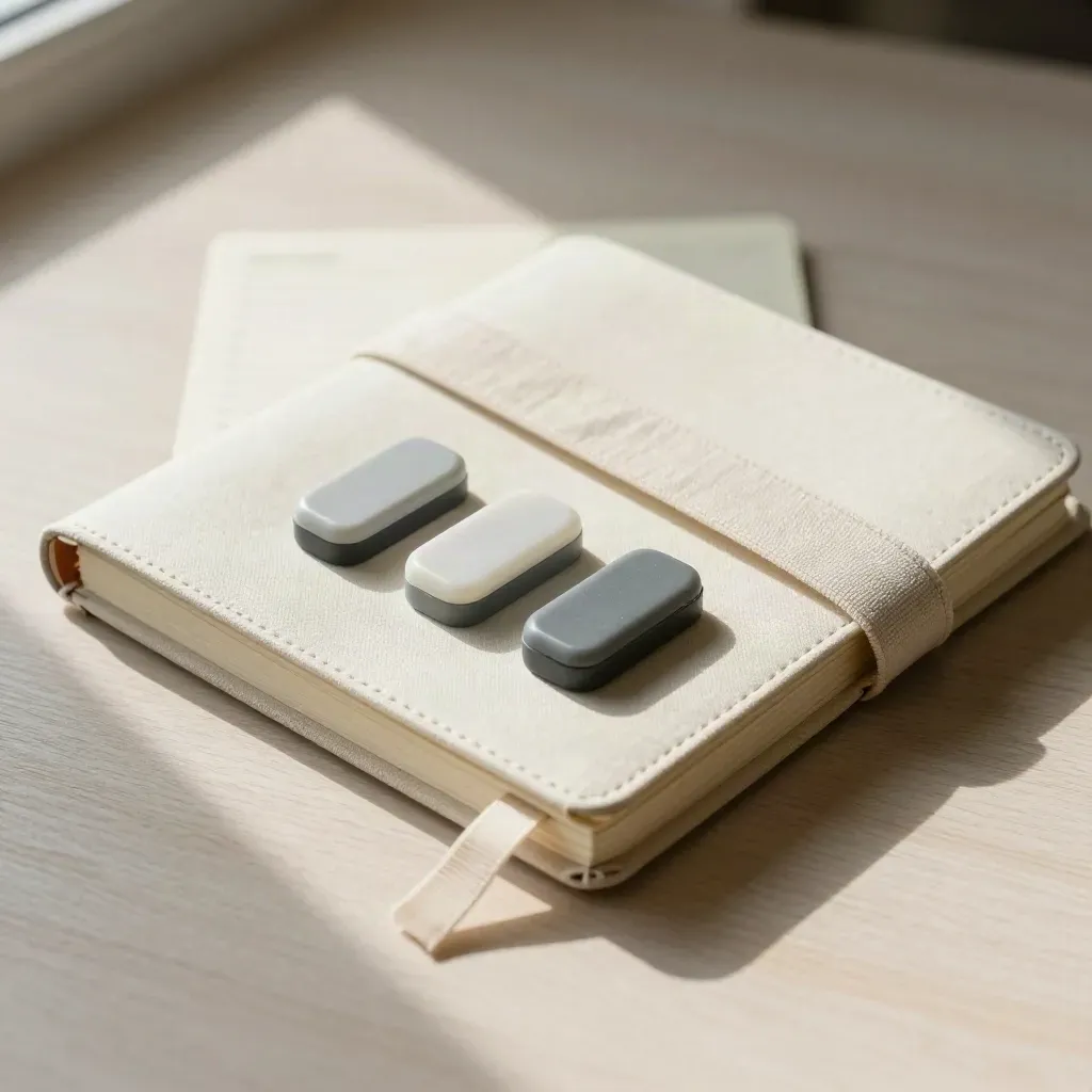 Bovenaanzicht van een planner, lint en drie steentjes op licht hout.