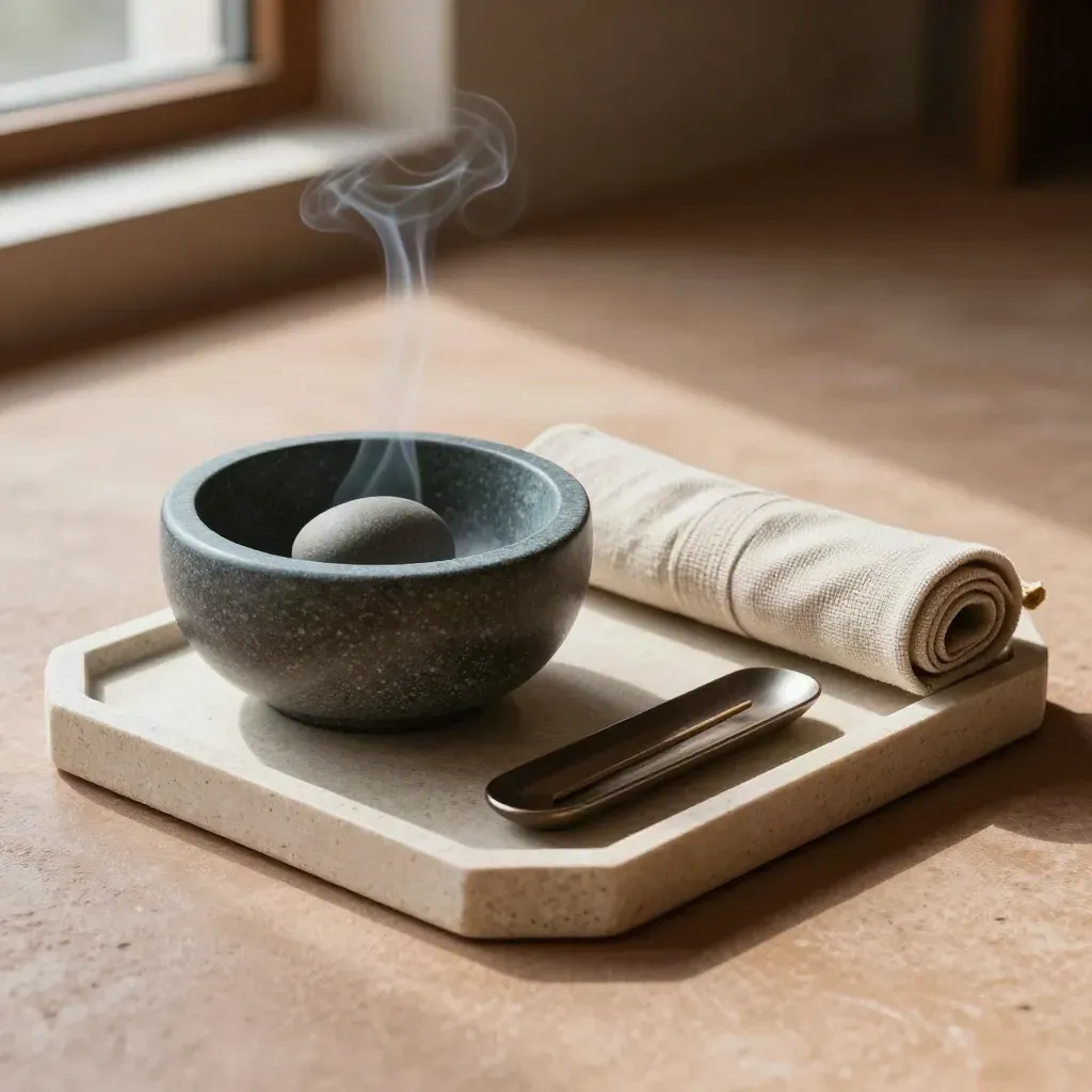Meditatiekit op een stenen tray: kom, ademsteen, linnen band en wierookhouder in zacht licht.