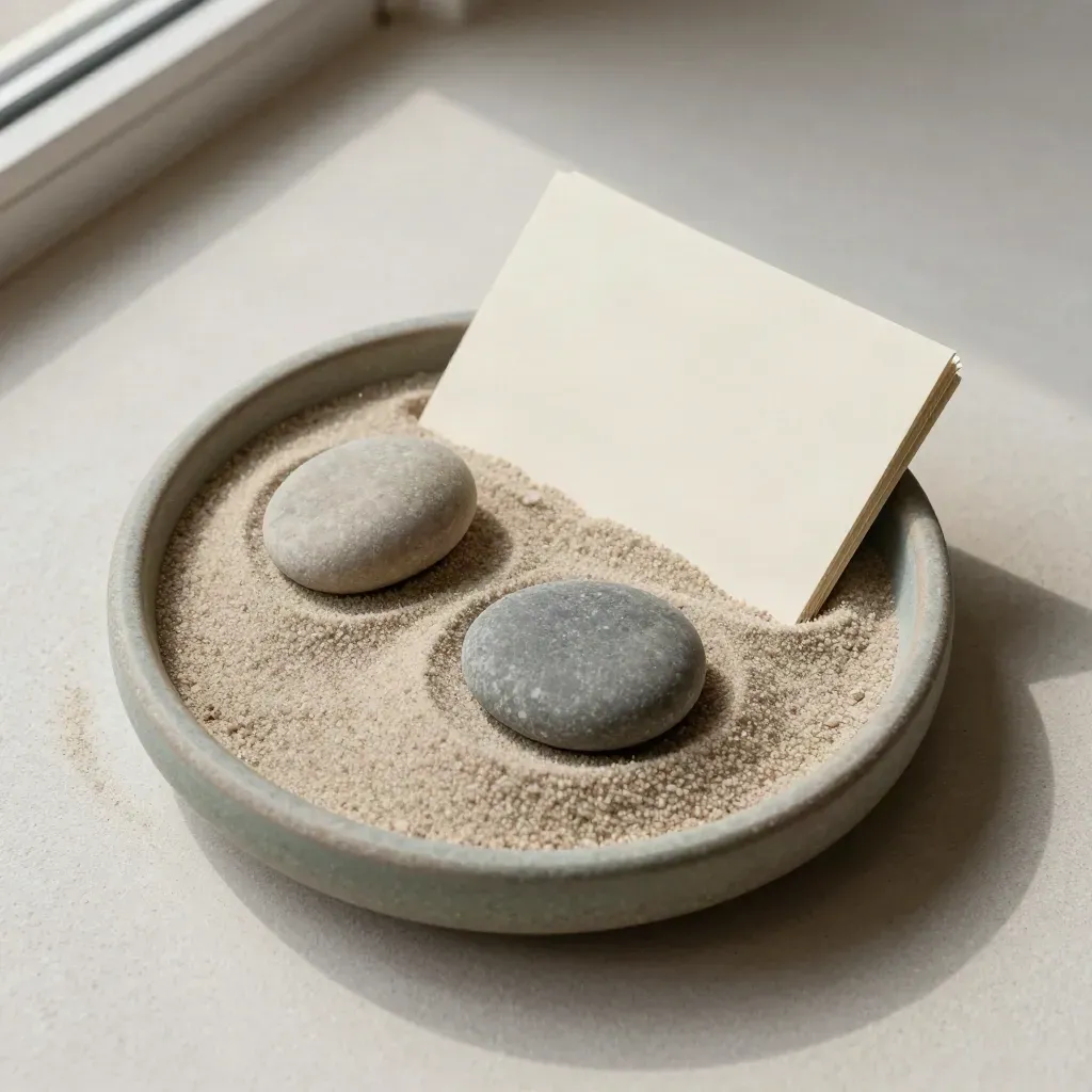 Zen schaaltje met zand, twee verschoven steentjes en een kaartstapel op off-white plaster.