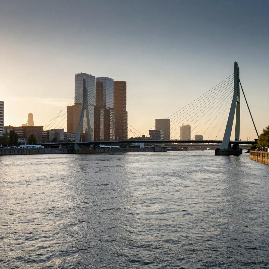 Rotterdamse Maas met bruggen en skyline in zachte avondhaze