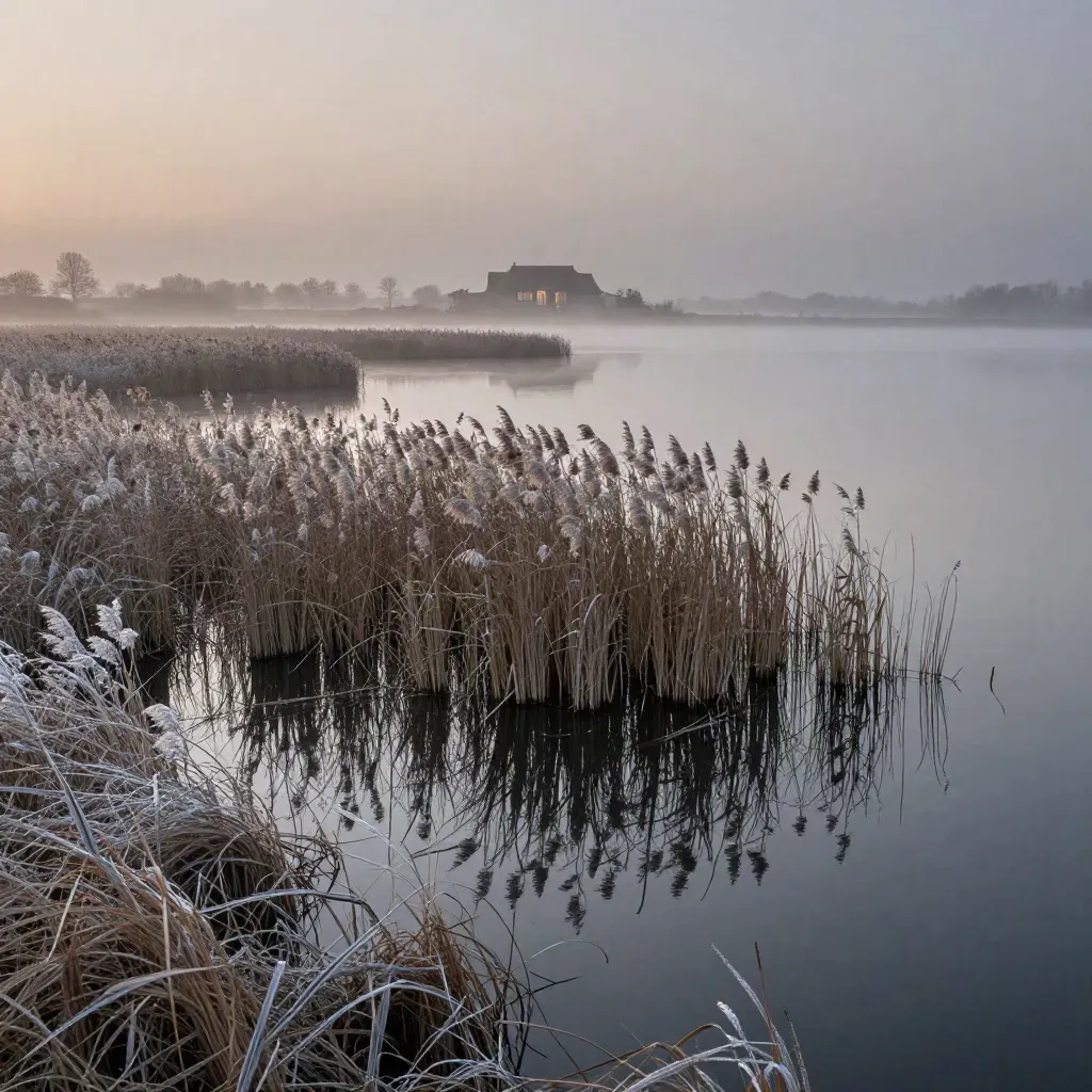 Mistig Gooi en Vecht met stil water, riet en een landhuis in de verte bij schemer.