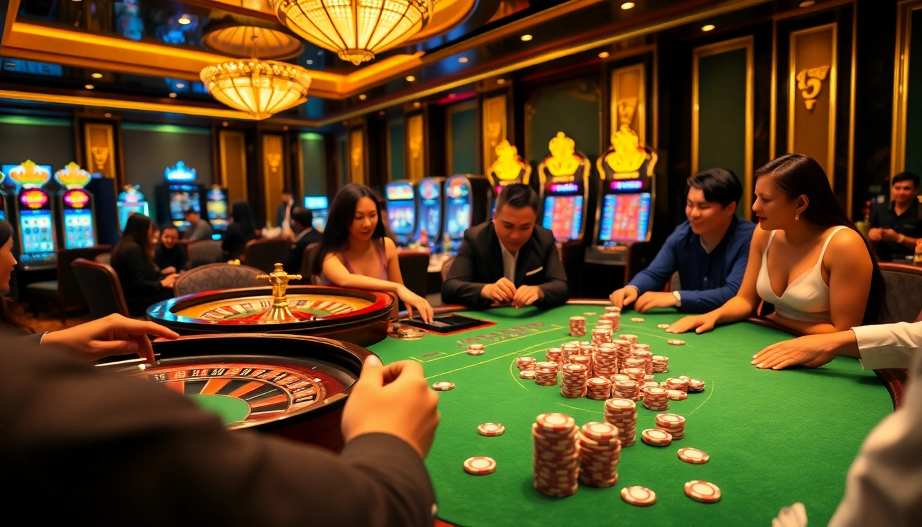 Players enjoying poker at Vuabai9's elegant casino table with vibrant chips and roulette.