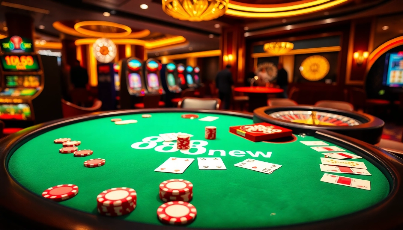 Exciting casino scene showcasing the 888new poker table with vibrant chips and cards.