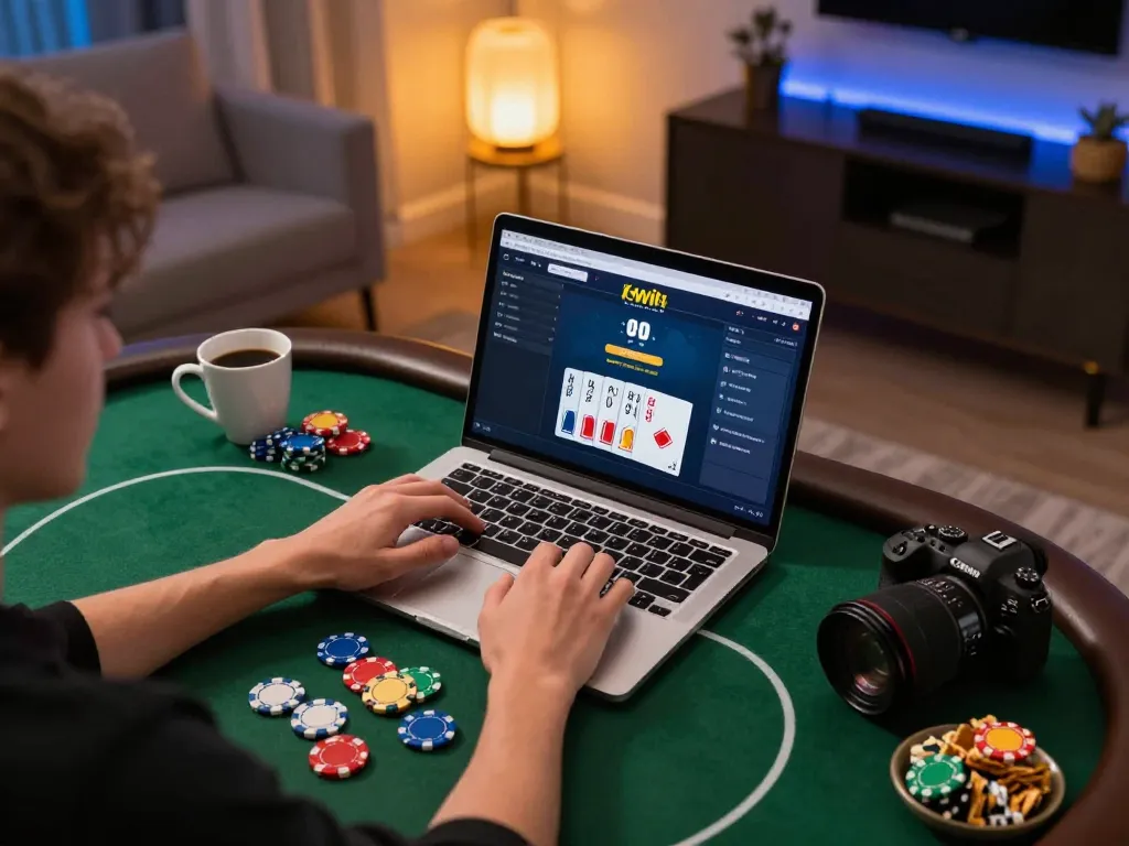 Kwin player engaging in strategic online poker session at home with focused attitude and snacks.