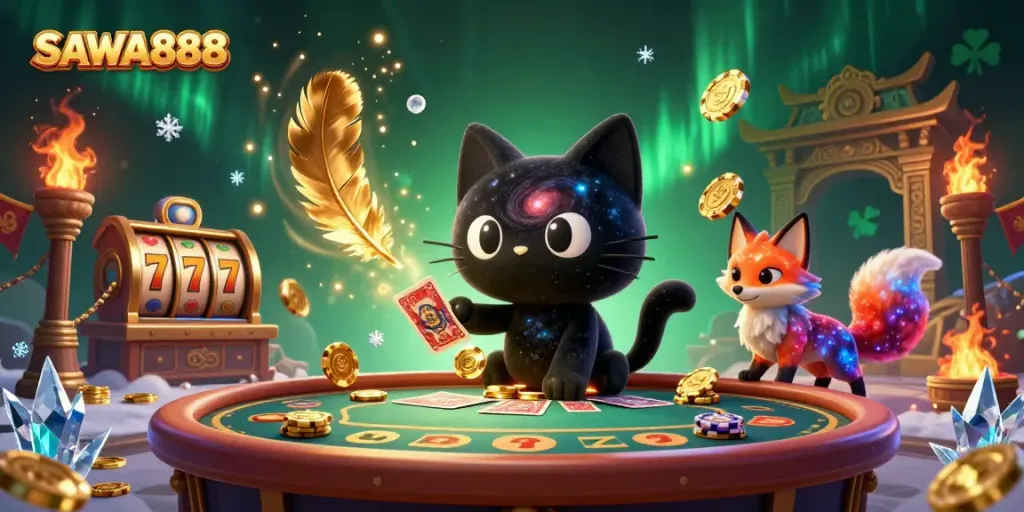 SAWA888 unveils an enchanting cosmic casino scene featuring a black hole cat and nebula fox amidst vibrant gaming elements.