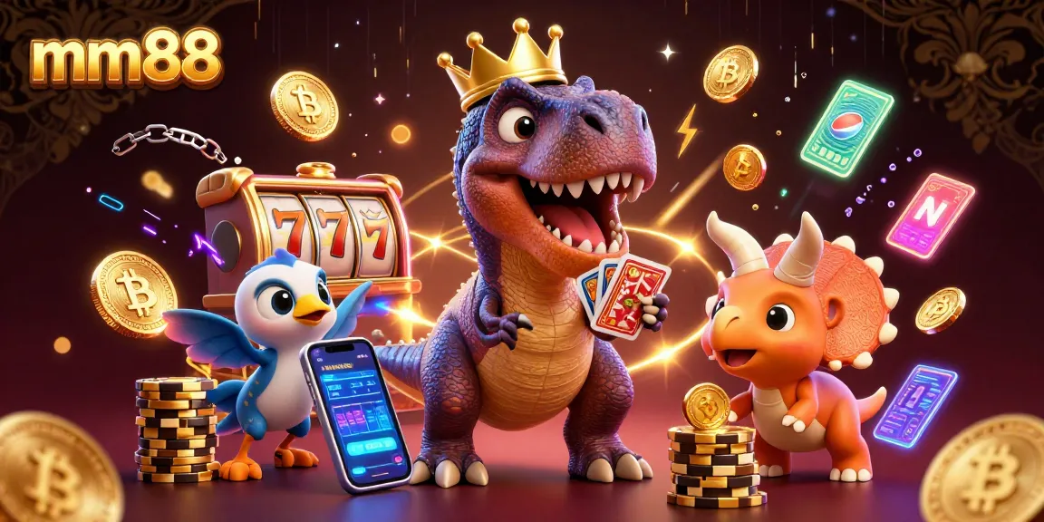 Experience exciting gameplay with mm88 as a T-Rex plays cards in an animated casino scene.