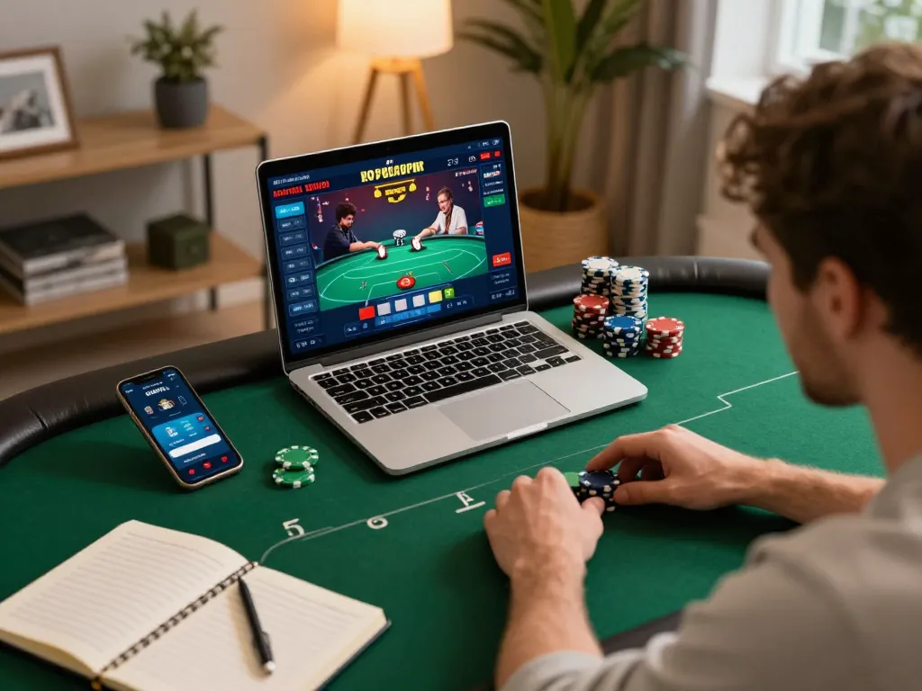 Link mới Da88 shows a player strategizing with poker chips at an online gaming setup.