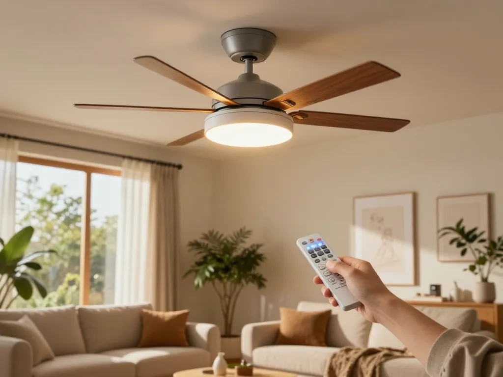 Stijlvolle plafondventilator met lamp, afstandsbediening, die een gezellige woonkamer oplicht met comfort.