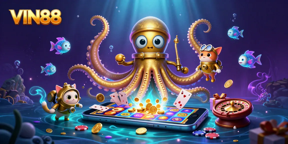 Experience thrilling slots and games at VIN88 with a dynamic scene of a kraken and treasures.