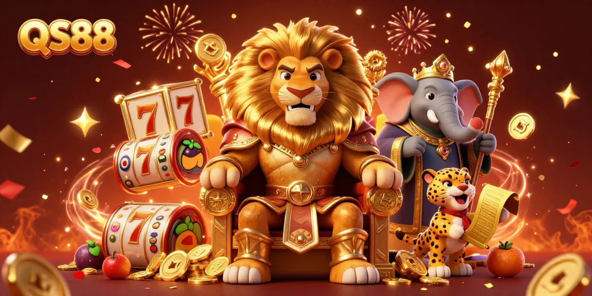 Engage in thrilling gameplay with QS88's vibrant casino scene featuring a lion king, elephant advisor, and cheetah messenger.