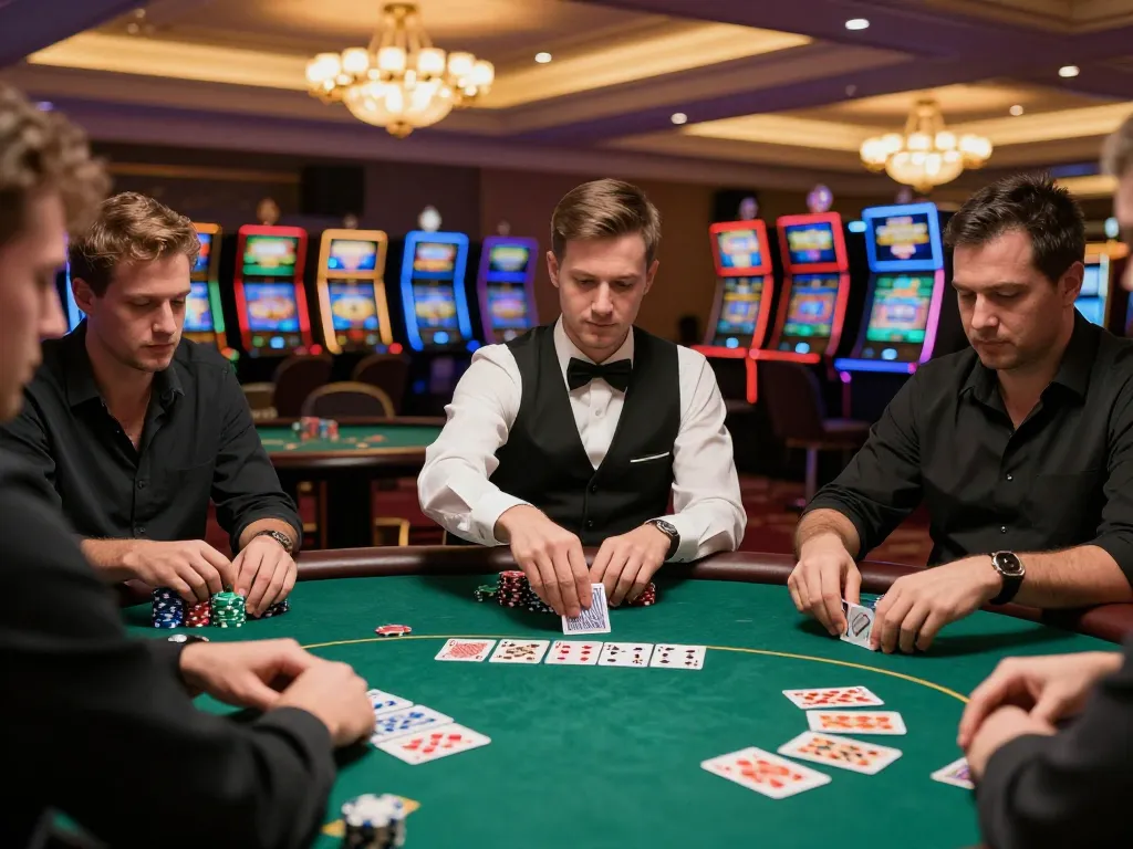 Engaged players at https://va88.moe/ poker table stack chips and play cards in an upscale casino atmosphere.