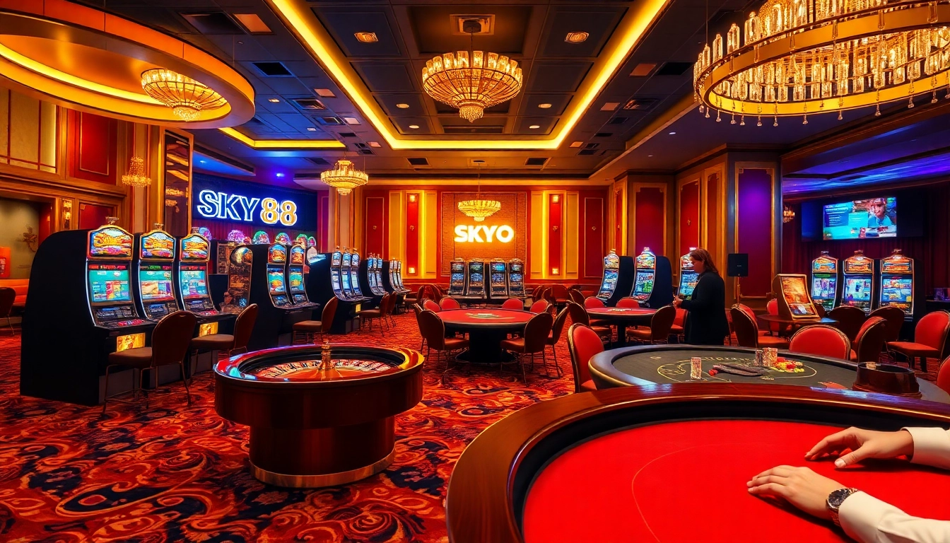 Experience the thrill of SKY88 with luxurious casino tables and vibrant gaming elements.