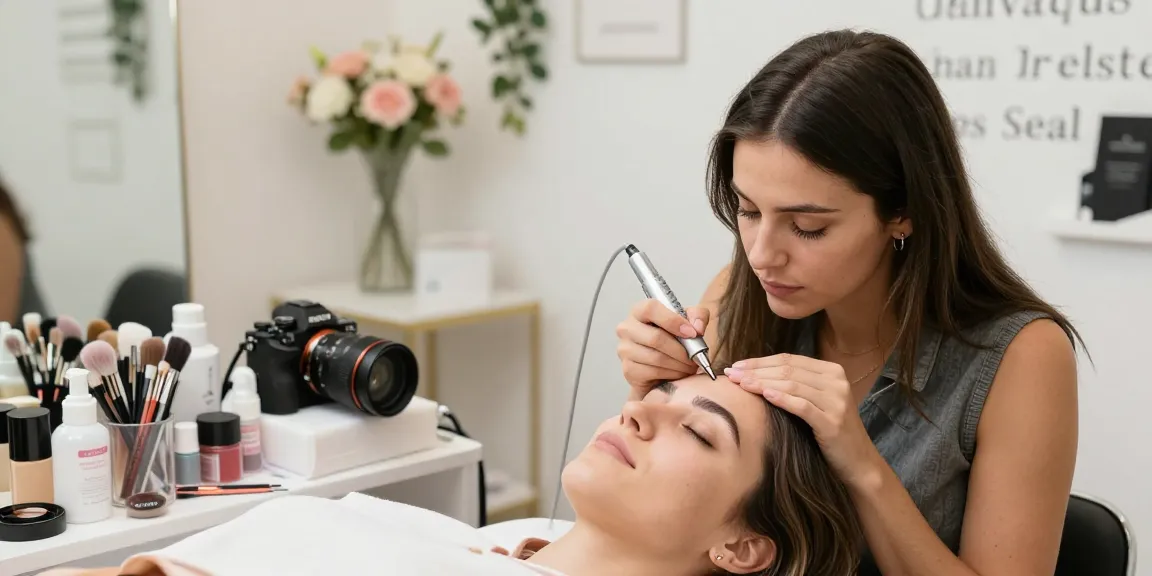 Permanente make-up wenkbrauwen toepassing in een beautystudio met gedetailleerd wenkbrauwwerk en professionele setting.