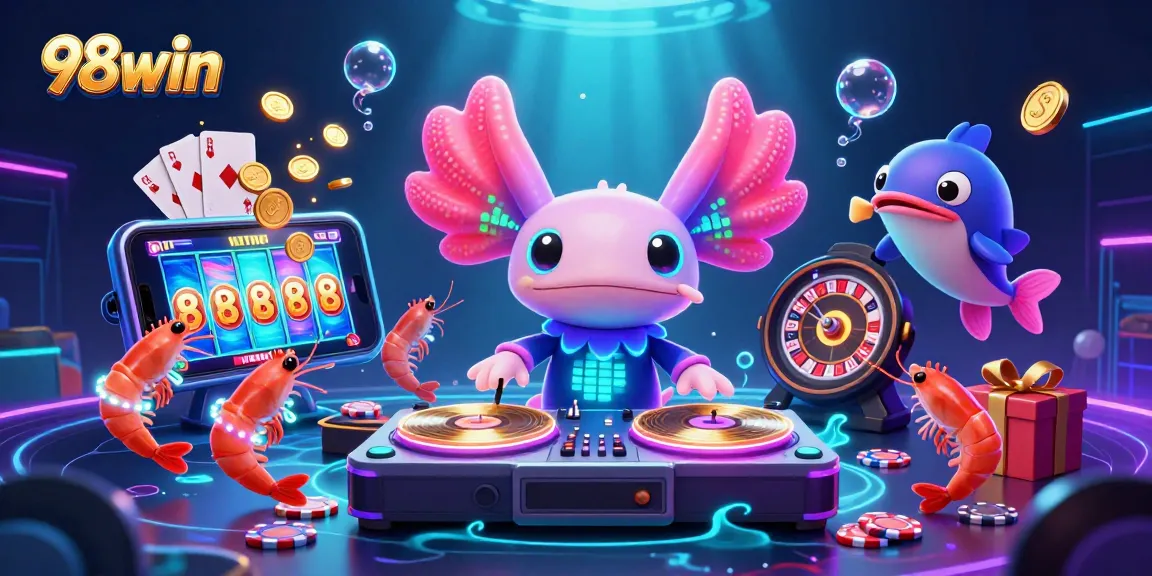 Experience the thrill of 98win with dynamic 3D casino characters creating excitement underwater.