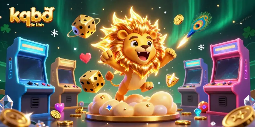 Engage with the exhilarating world of kqbđ trưc tuyến featuring a vibrant 3D illustration of a sun lion amidst casino-themed elements.