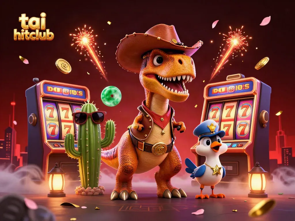 Experience thrilling gaming with tai hitclub as a dinosaur cowboy and friends spin the slots in this vibrant casino scene.